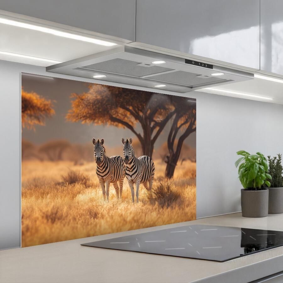 KitchenYeah Spatscherm 80x60 cm Zelfklevende achterwand Zebra's Savannelandschap Gras Keuken muurbeschermer Spatwand fornuis