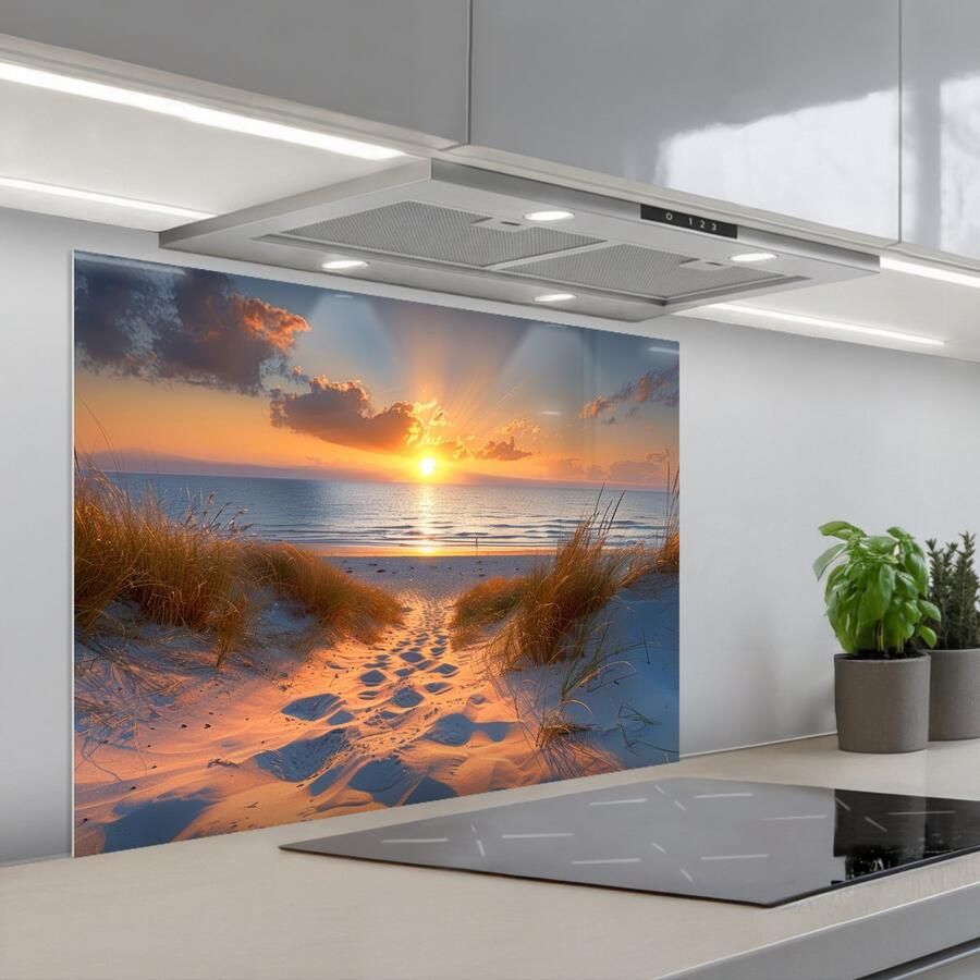 KitchenYeah Spatscherm 80x60 cm Zelfklevende achterwand Zonsondergang Duinen Strand Zee Keuken muurbeschermer Spatwand fornuis