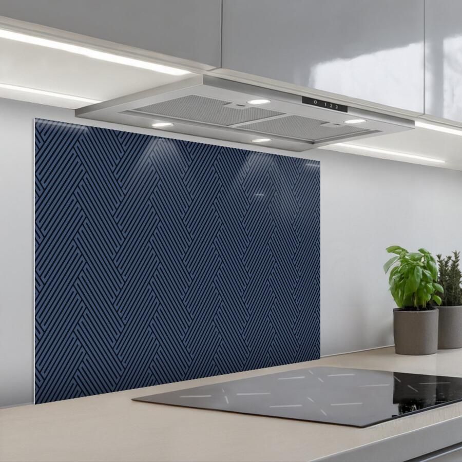 KitchenYeah Spatscherm 80x60 cm Zelfklevende achterwand Zwart Blauw Patroon Strepen Keuken muurbeschermer Spatwand fornuis