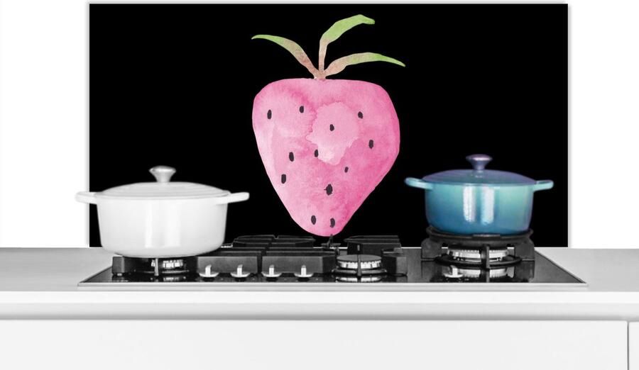KitchenYeah Spatscherm keuken 100x50 cm Kookplaat achterwand Aardbei Aquarelverf Zwart Muurbeschermer Spatwand fornuis Hoogwaardig aluminium