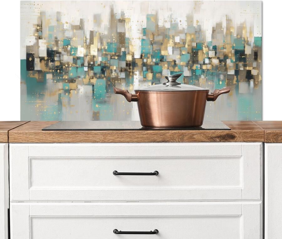 KitchenYeah Spatscherm keuken 100x50 cm Kookplaat achterwand Abstract Blokken Goud Skyline Muurbeschermer Spatwand fornuis Hoogwaardig aluminium