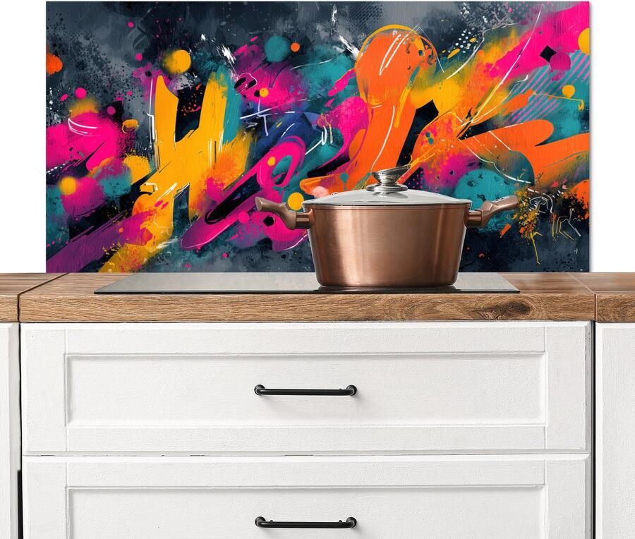 KitchenYeah Spatscherm keuken 100x50 cm Kookplaat achterwand Abstract Graffiti Kleurrijk Verfspatten Muurbeschermer Spatwand fornuis Hoogwaardig aluminium
