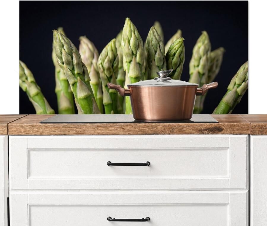 KitchenYeah Spatscherm keuken 100x50 cm Kookplaat achterwand Asperges Groen Zwart Muurbeschermer Spatwand fornuis Hoogwaardig aluminium