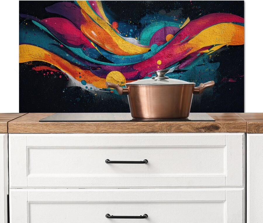 KitchenYeah Spatscherm keuken 100x50 cm Kookplaat achterwand Banen Golven Kleurrijk Abstract Muurbeschermer Spatwand fornuis Hoogwaardig aluminium