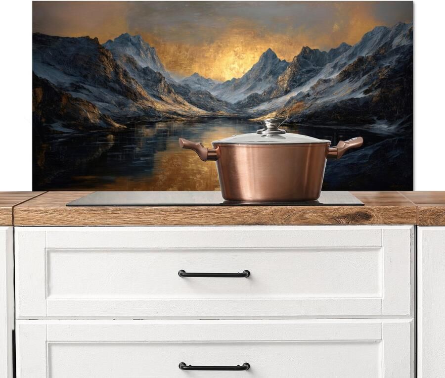 KitchenYeah Spatscherm keuken 100x50 cm Kookplaat achterwand Berglandschap met Gouden Zonsondergang Muurbeschermer Spatwand fornuis Hoogwaardig aluminium