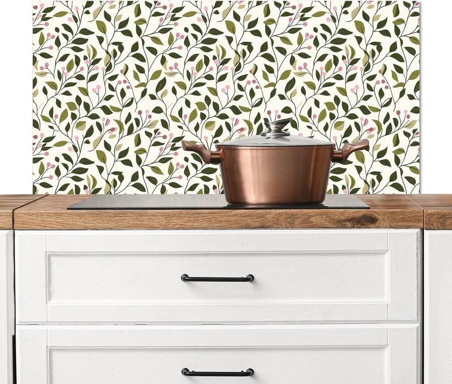 KitchenYeah Spatscherm keuken 100x50 cm Kookplaat achterwand Bladeren Bessen Roze Muurbeschermer Spatwand fornuis Hoogwaardig aluminium