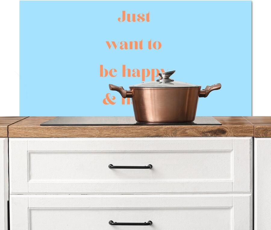 KitchenYeah Spatscherm keuken 100x50 cm Kookplaat achterwand Blauw Oranje Just want to be happy & naked Muurbeschermer Spatwand fornuis Hoogwaardig aluminium