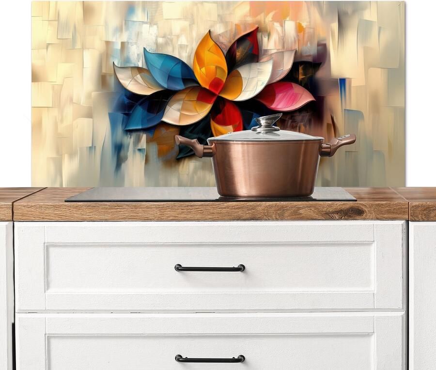KitchenYeah Spatscherm keuken 100x50 cm Kookplaat achterwand Bloem Abstract Kleurrijk Bladeren Muurbeschermer Spatwand fornuis Hoogwaardig aluminium