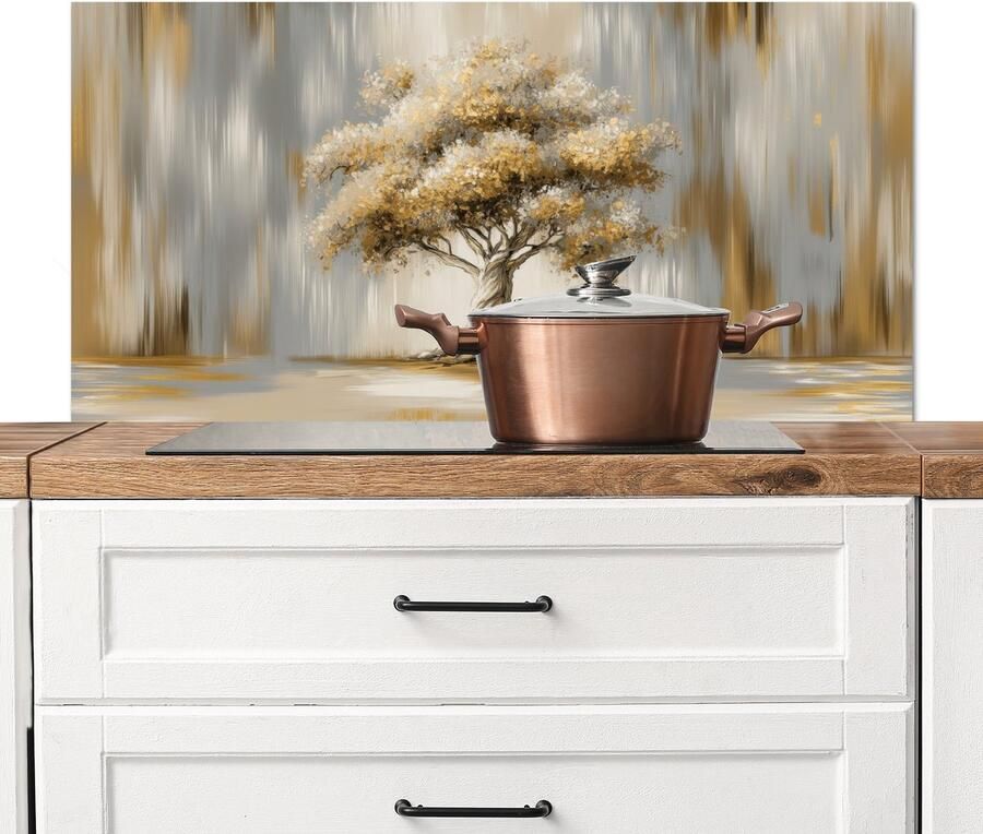 KitchenYeah Spatscherm keuken 100x50 cm Kookplaat achterwand Boom Bladeren Abstract Wit Muurbeschermer Spatwand fornuis Hoogwaardig aluminium