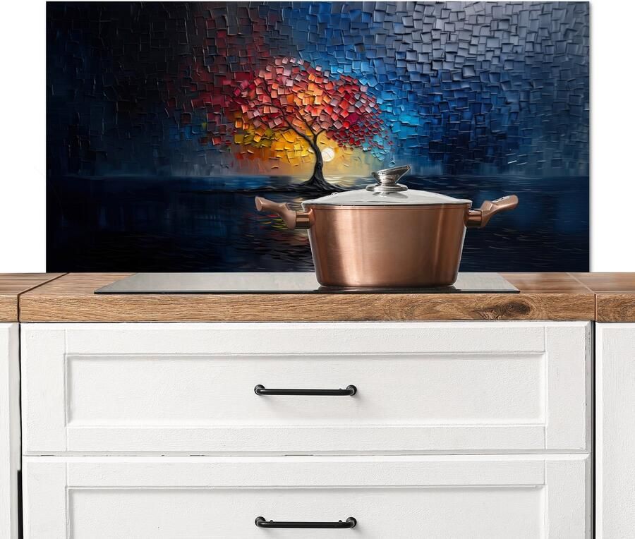 KitchenYeah Spatscherm keuken 100x50 cm Kookplaat achterwand Boom Blauw Bladeren Vakken Muurbeschermer Spatwand fornuis Hoogwaardig aluminium