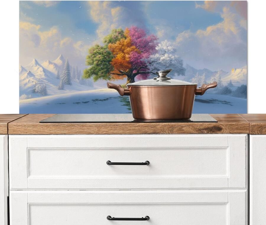 KitchenYeah Spatscherm keuken 100x50 cm Kookplaat achterwand Boom Seizoenen Winter Landschap Muurbeschermer Spatwand fornuis Hoogwaardig aluminium