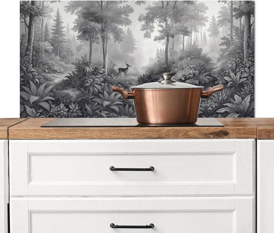 KitchenYeah Spatscherm keuken 100x50 cm Kookplaat achterwand Bos Hert Zwart Wit Muurbeschermer Spatwand fornuis Hoogwaardig aluminium