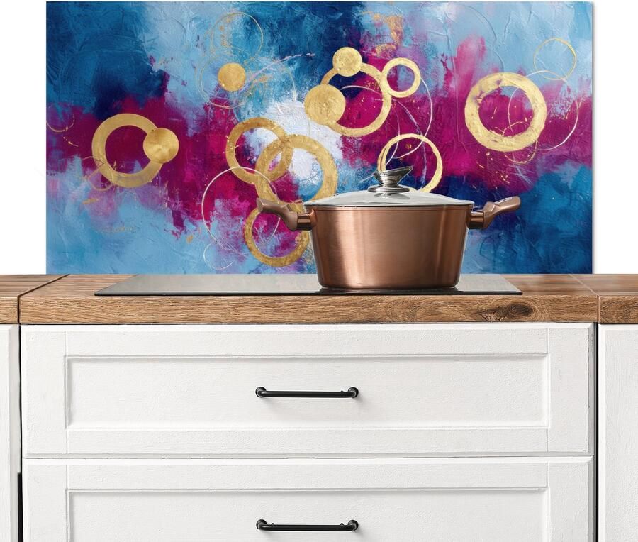 KitchenYeah Spatscherm keuken 100x50 cm Kookplaat achterwand Cirkels Goud Abstract Muurbeschermer Spatwand fornuis Hoogwaardig aluminium