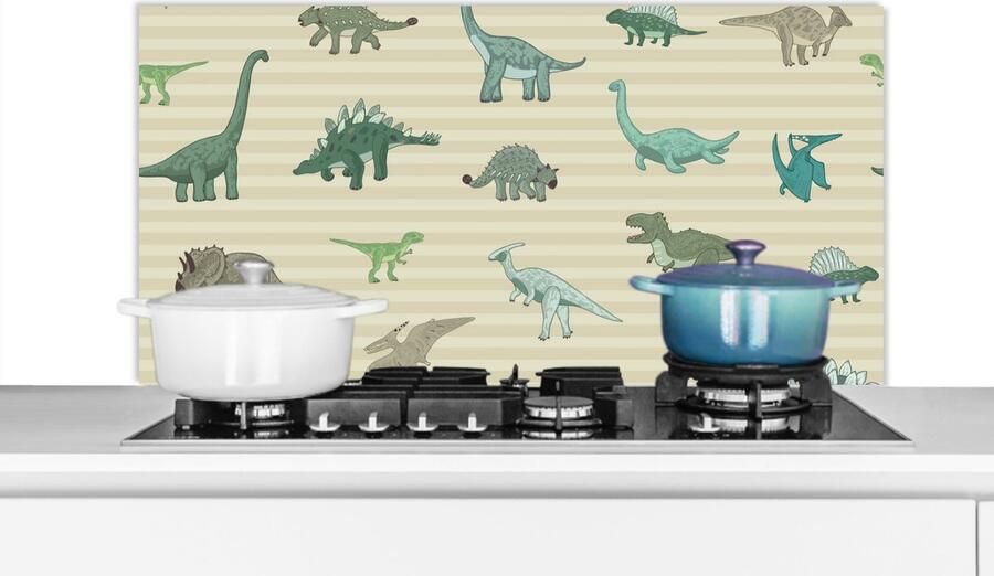 KitchenYeah Spatscherm keuken 100x50 cm Kookplaat achterwand Dinosaurus Bruin Groen Jongens Meisjes Kinderen Muurbeschermer Spatwand fornuis Hoogwaardig aluminium