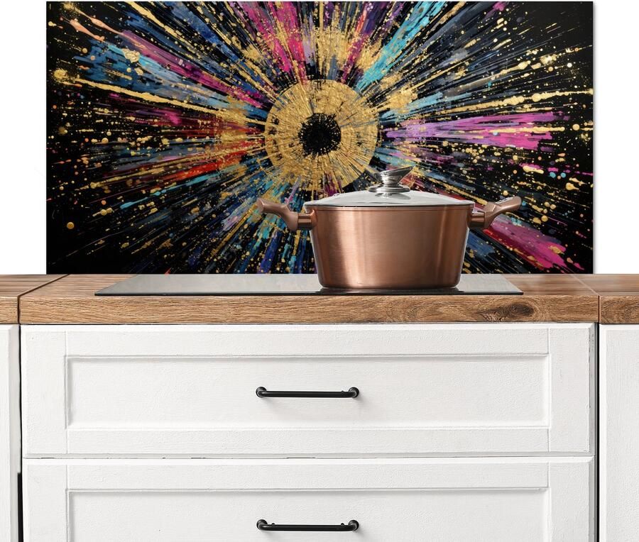 KitchenYeah Spatscherm keuken 100x50 cm Kookplaat achterwand Explosie Goud Kleurrijk Abstract Muurbeschermer Spatwand fornuis Hoogwaardig aluminium