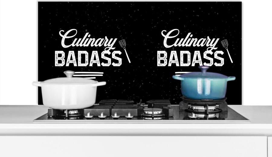 KitchenYeah Spatscherm keuken 100x50 cm Kookplaat achterwand Frituur Barbecue Bakken Culinary Badass Koken Spreuken Voor wie niet kan koken Muurbeschermer Spatwand fornuis Hoogwaardig aluminium