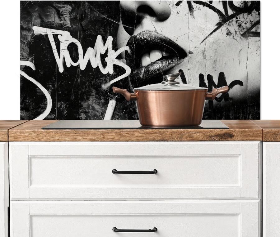 KitchenYeah Spatscherm keuken 100x50 cm Kookplaat achterwand Gezicht Mond Graffiti Zwart Muurbeschermer Spatwand fornuis Hoogwaardig aluminium