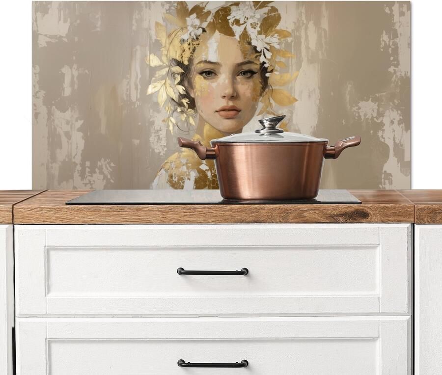 KitchenYeah Spatscherm keuken 100x50 cm Kookplaat achterwand Gezicht Vrouw Bladeren Goud Muurbeschermer Spatwand fornuis Hoogwaardig aluminium