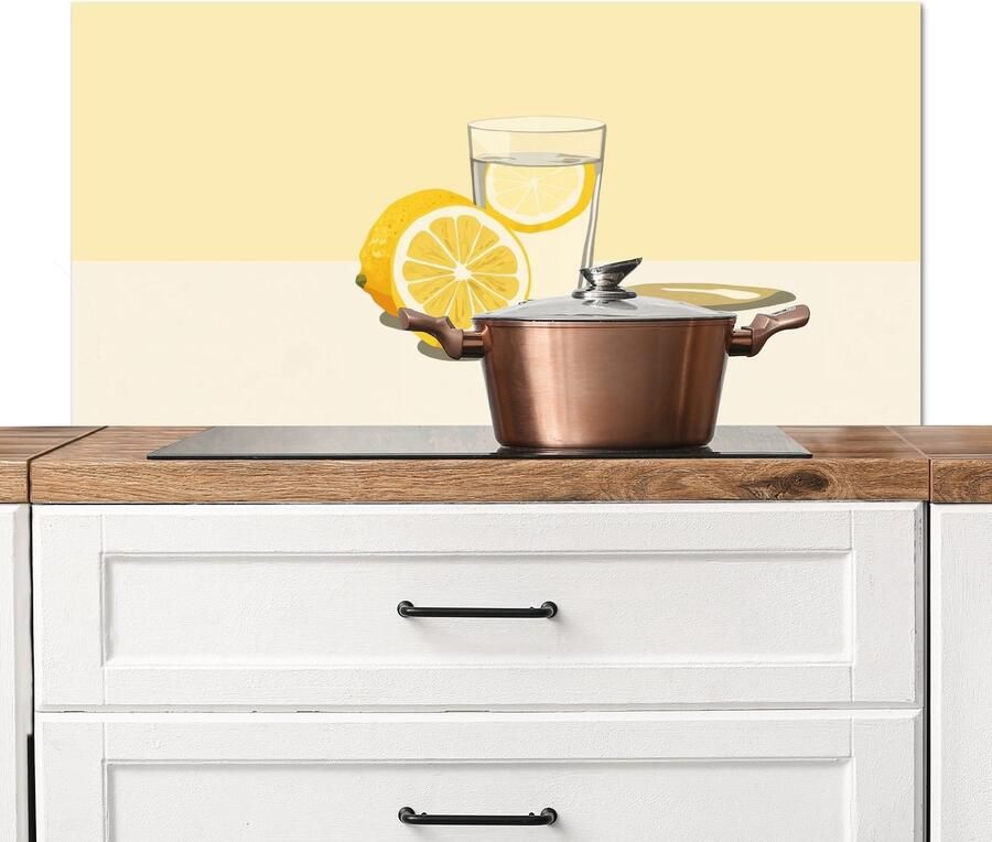 KitchenYeah Spatscherm keuken 100x50 cm Kookplaat achterwand Glas Citroenschijfjes Geel Muurbeschermer Spatwand fornuis Hoogwaardig aluminium