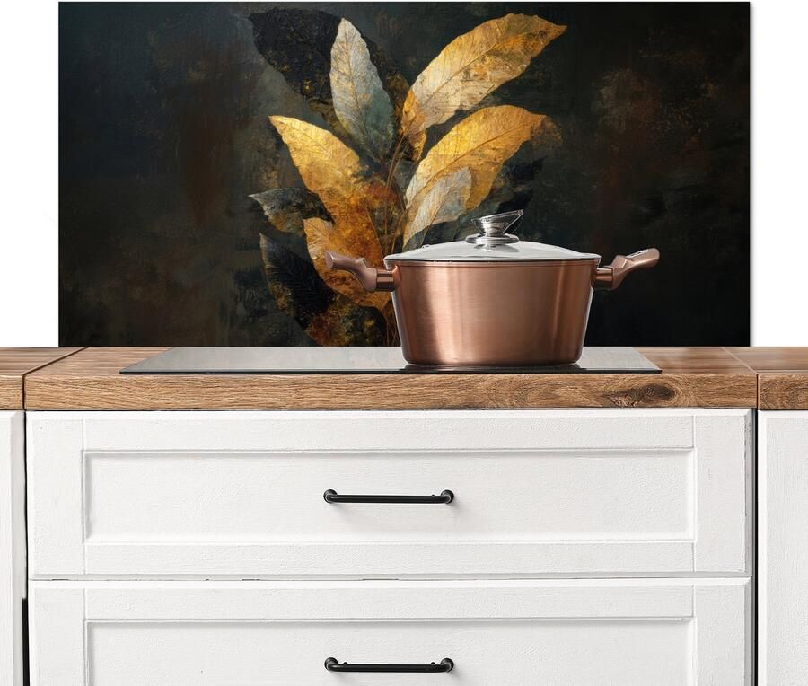 KitchenYeah Spatscherm keuken 100x50 cm Kookplaat achterwand Gouden Bladcompositie – Botanische Luxe Muurbeschermer Spatwand fornuis Hoogwaardig aluminium