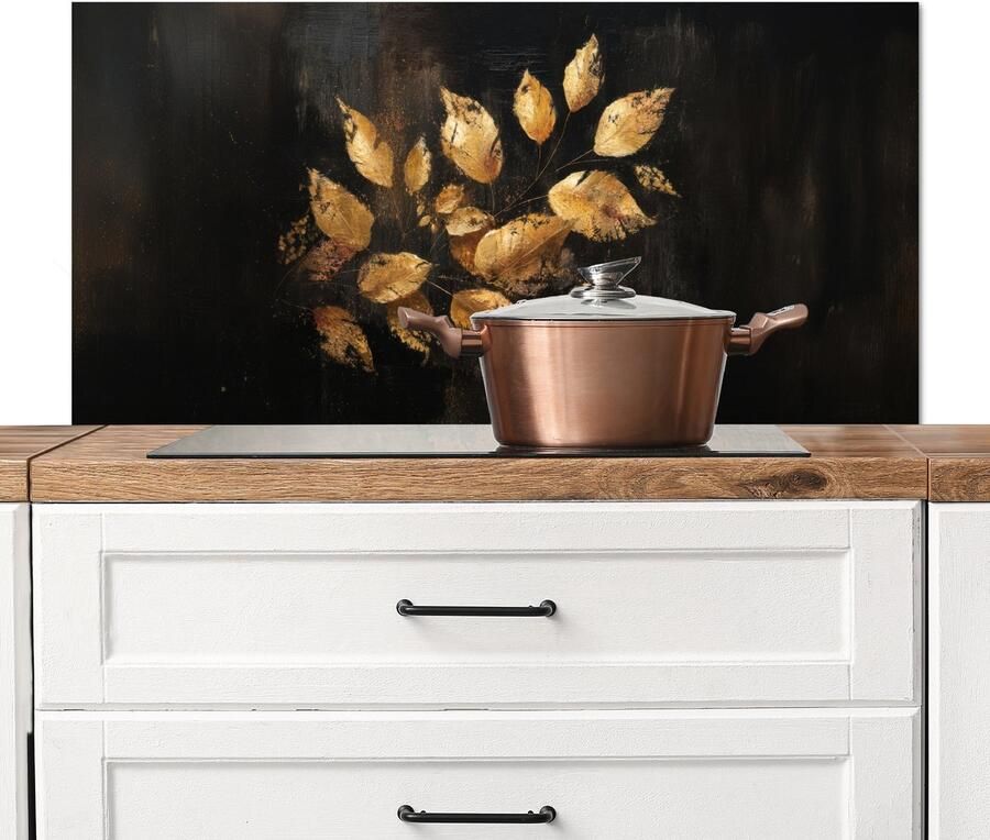 KitchenYeah Spatscherm keuken 100x50 cm Kookplaat achterwand Gouden Bladeren op Donkere Achtergrond Muurbeschermer Spatwand fornuis Hoogwaardig aluminium