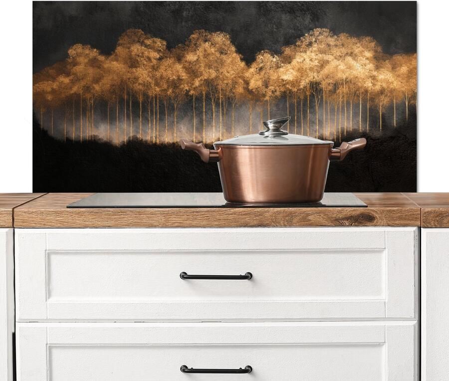 KitchenYeah Spatscherm keuken 100x50 cm Kookplaat achterwand Gouden Bomen in Mistig Landschap Muurbeschermer Spatwand fornuis Hoogwaardig aluminium