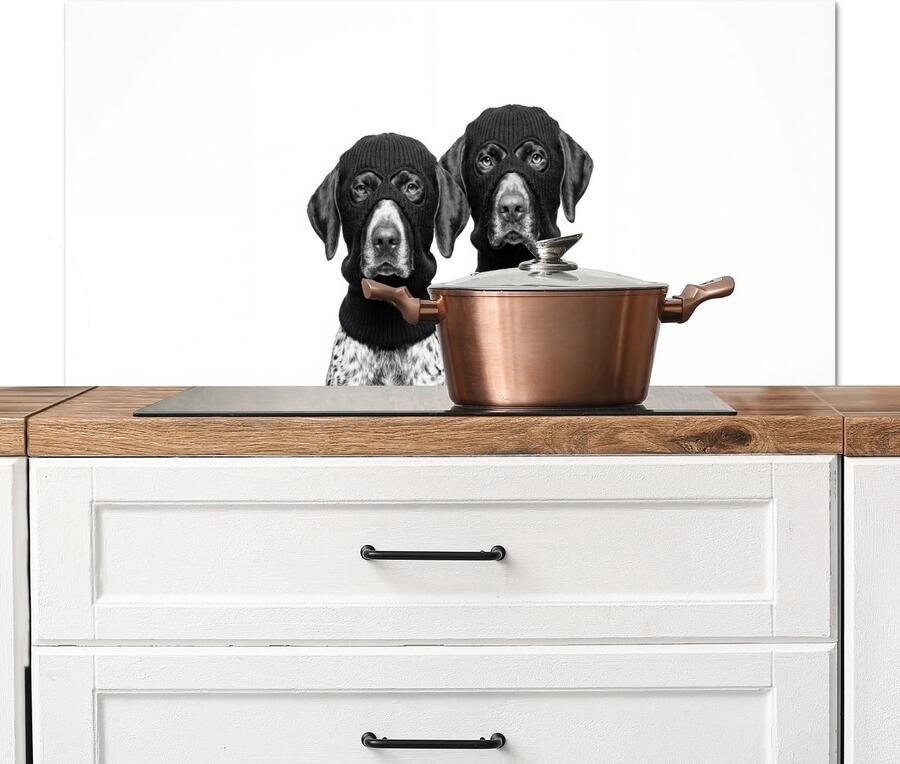 KitchenYeah Spatscherm keuken 100x50 cm Kookplaat achterwand Honden Bivakmuts Zwart wit Muurbeschermer Spatwand fornuis Hoogwaardig aluminium