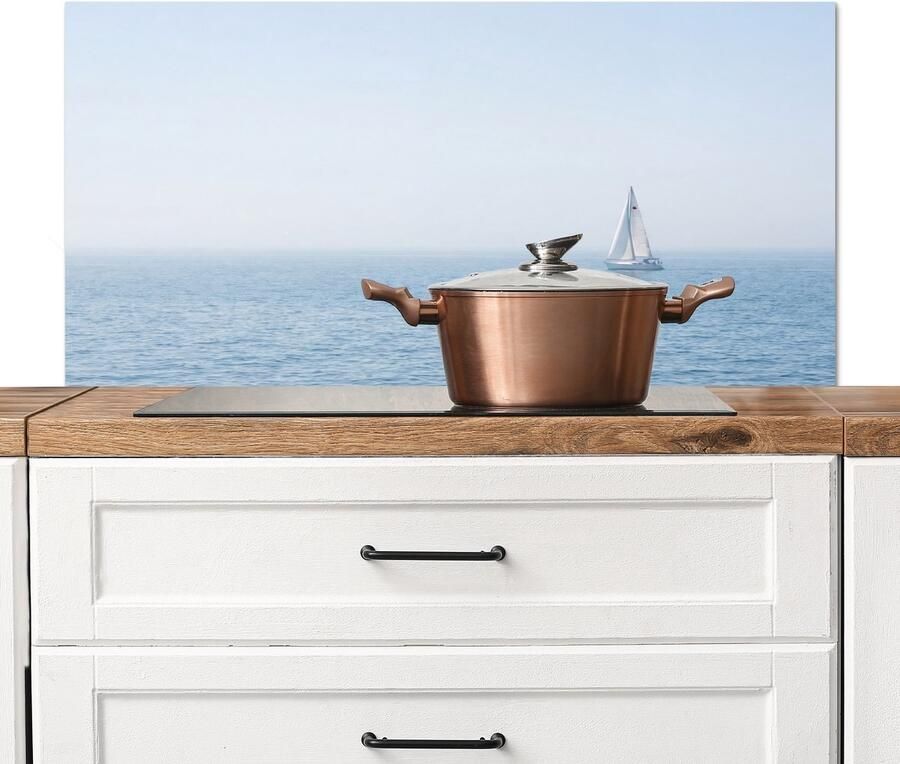 KitchenYeah Spatscherm keuken 100x50 cm Kookplaat achterwand Horizon Zeilboot Zee Muurbeschermer Spatwand fornuis Hoogwaardig aluminium