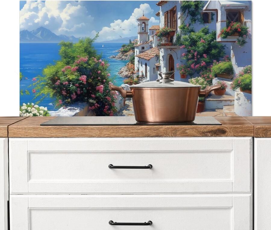 KitchenYeah Spatscherm keuken 100x50 cm Kookplaat achterwand Huizen Zee Bomen Bloemen Muurbeschermer Spatwand fornuis Hoogwaardig aluminium