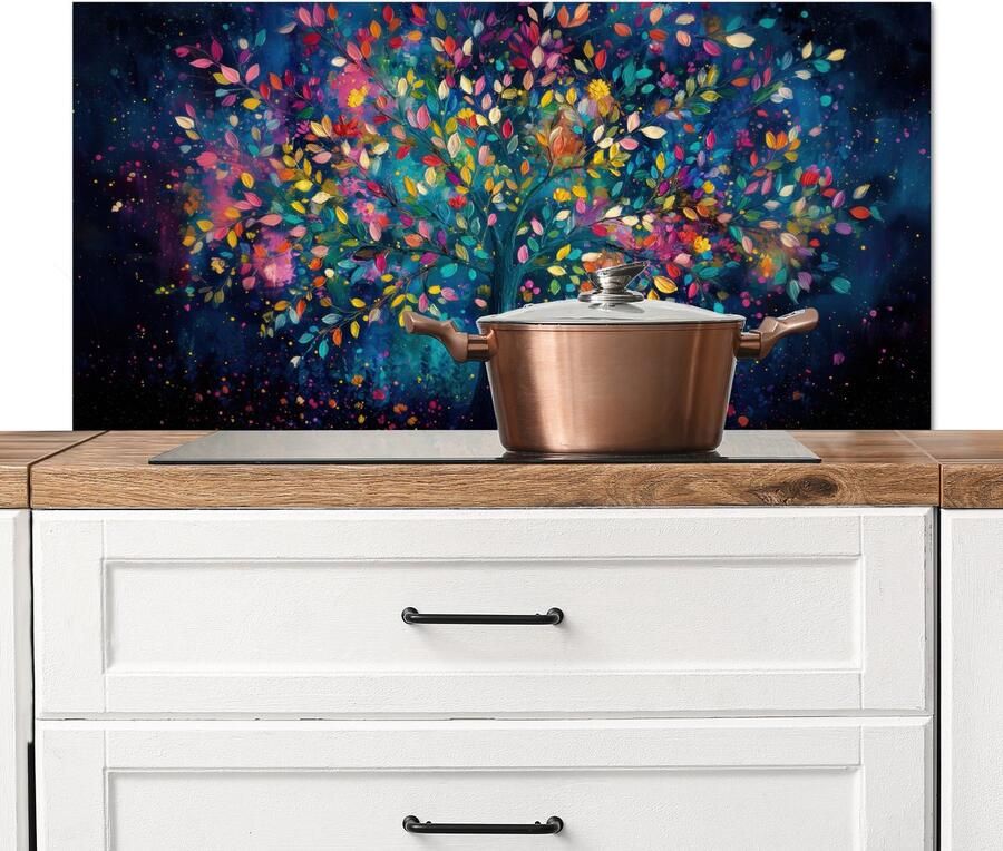KitchenYeah Spatscherm keuken 100x50 cm Kookplaat achterwand Kleurrijk Boom Magisch Abstract Muurbeschermer Spatwand fornuis Hoogwaardig aluminium