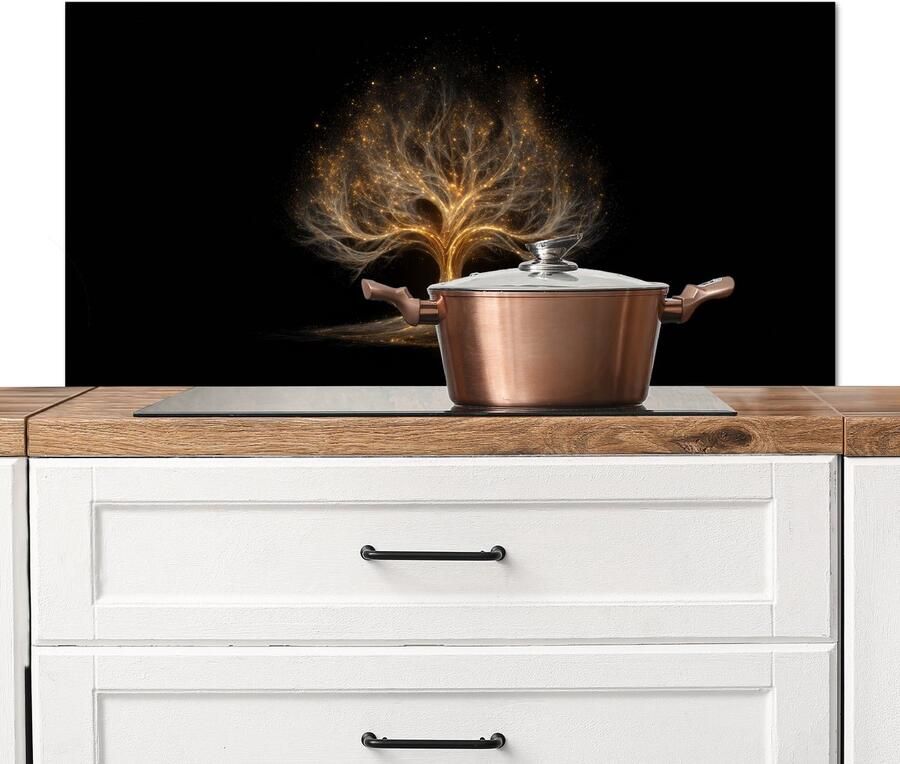 KitchenYeah Spatscherm keuken 100x50 cm Kookplaat achterwand Lichtjes Boom Abstract Zwart Muurbeschermer Spatwand fornuis Hoogwaardig aluminium