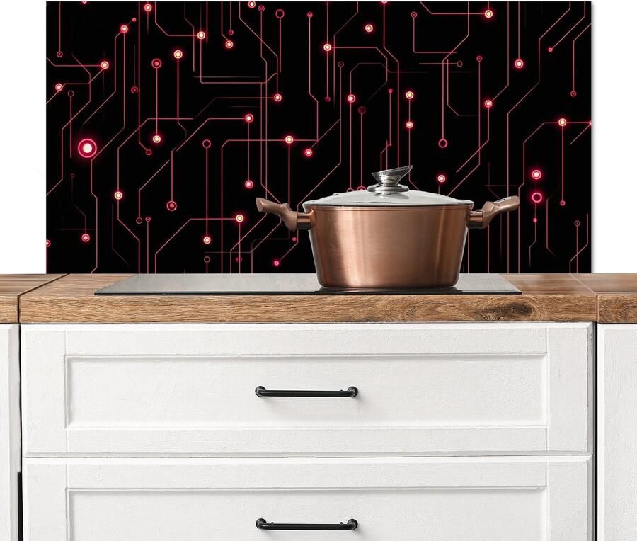 KitchenYeah Spatscherm keuken 100x50 cm Kookplaat achterwand Lijnen Netwerk Stippen Rood Muurbeschermer Spatwand fornuis Hoogwaardig aluminium