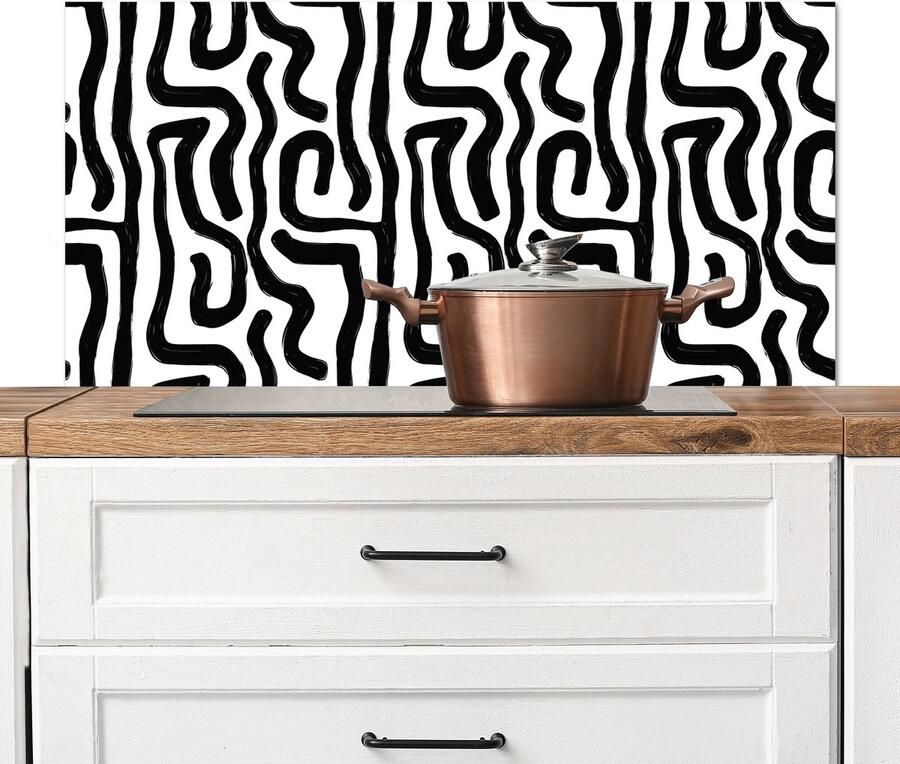 KitchenYeah Spatscherm keuken 100x50 cm Kookplaat achterwand Modern Lijnen Zwart Muurbeschermer Spatwand fornuis Hoogwaardig aluminium