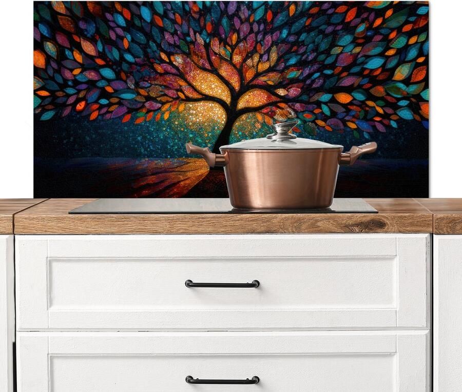 KitchenYeah Spatscherm keuken 100x50 cm Kookplaat achterwand Mozaïek Kleurrijk Boom Takken Muurbeschermer Spatwand fornuis Hoogwaardig aluminium