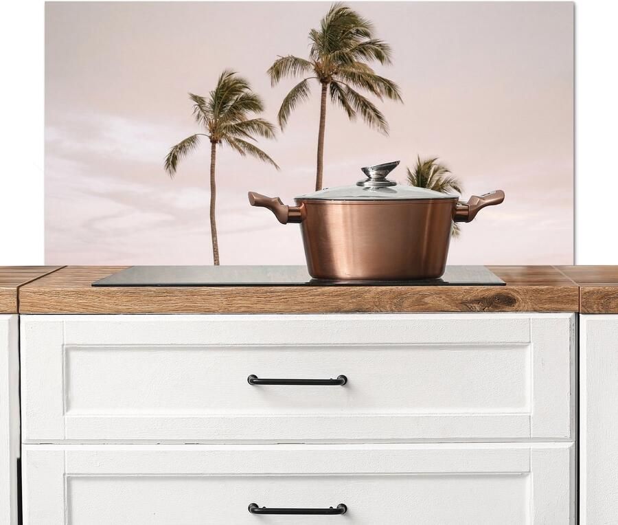 KitchenYeah Spatscherm keuken 100x50 cm Kookplaat achterwand Palmbomen Zonsondergang Roze Muurbeschermer Spatwand fornuis Hoogwaardig aluminium