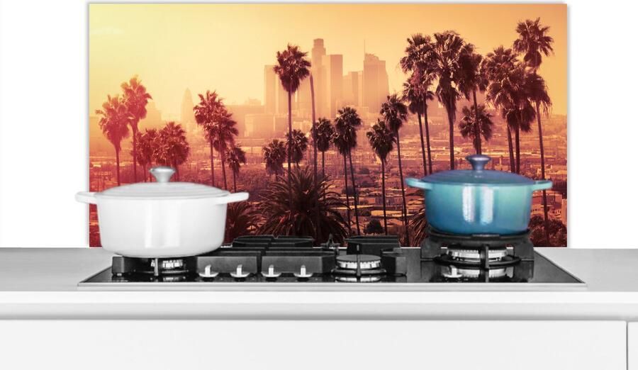 KitchenYeah Spatscherm keuken 100x50 cm Kookplaat achterwand Palmboom Skyline Zonsondergang Architectuur Muurbeschermer Spatwand fornuis Hoogwaardig aluminium