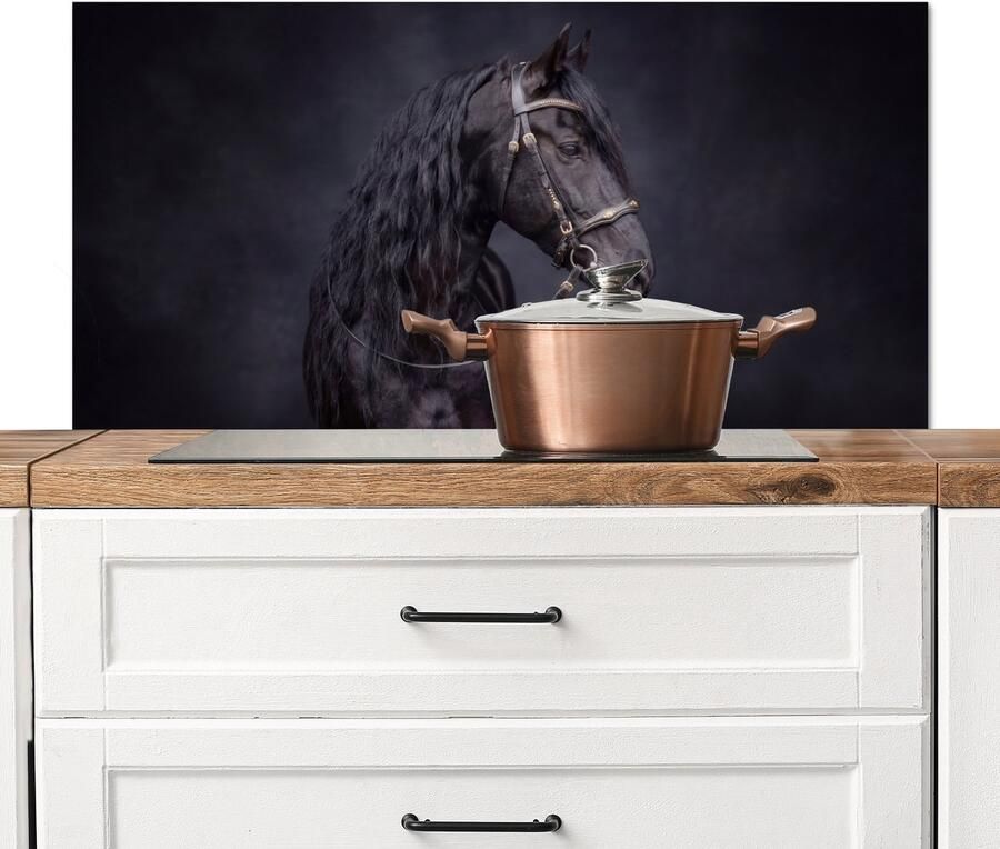 KitchenYeah Spatscherm keuken 100x50 cm Kookplaat achterwand Portret Paard Donker Muurbeschermer Spatwand fornuis Hoogwaardig aluminium