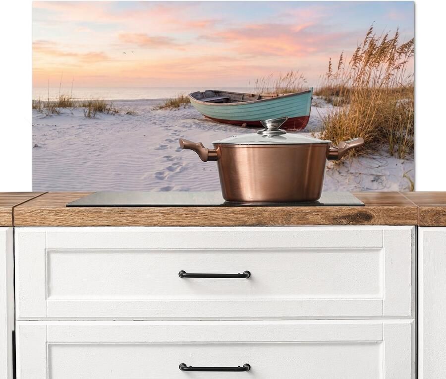 KitchenYeah Spatscherm keuken 100x50 cm Kookplaat achterwand Rustiek Roeiboot Zandstrand Muurbeschermer Spatwand fornuis Hoogwaardig aluminium
