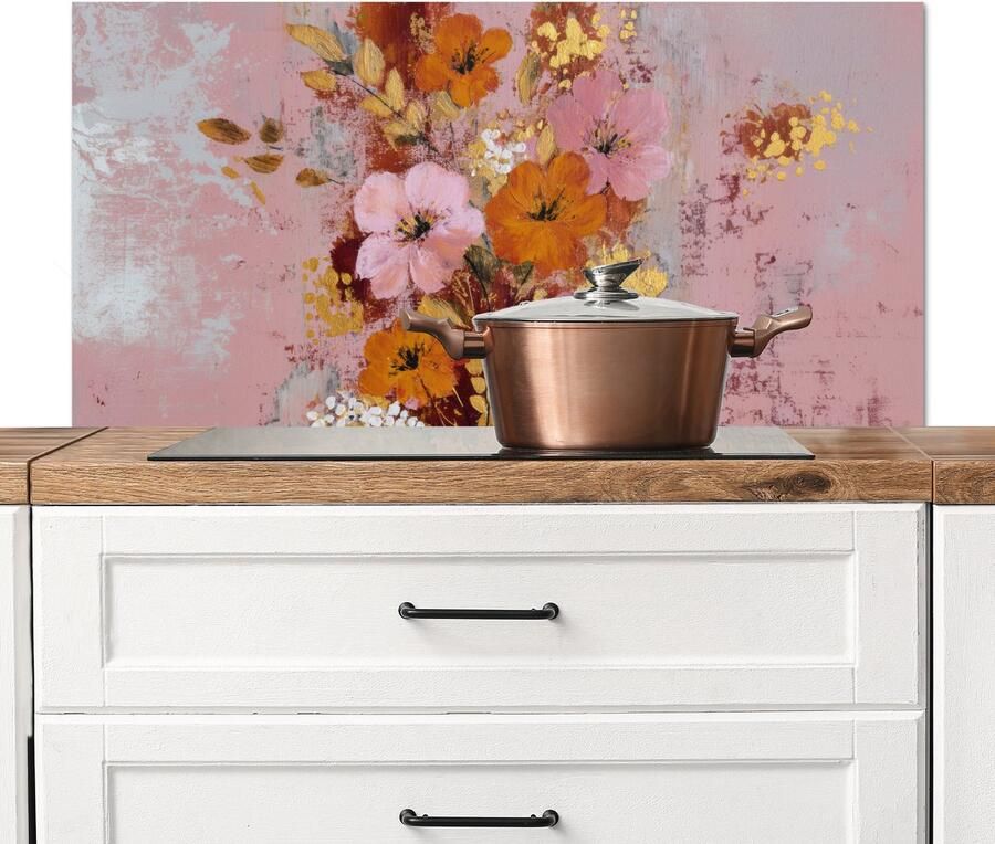 KitchenYeah Spatscherm keuken 100x50 cm Kookplaat achterwand Schilderij Bloemen Rustiek Roze Muurbeschermer Spatwand fornuis Hoogwaardig aluminium