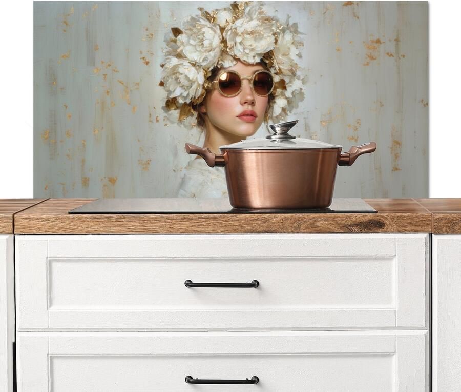 KitchenYeah Spatscherm keuken 100x50 cm Kookplaat achterwand Schilderij Vrouw Zonnebril Bloemenkrans Muurbeschermer Spatwand fornuis Hoogwaardig aluminium