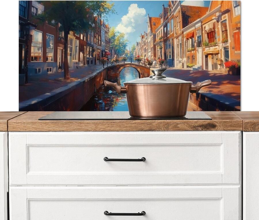 KitchenYeah Spatscherm keuken 100x50 cm Kookplaat achterwand Stad Gracht Zon Fietsen Muurbeschermer Spatwand fornuis Hoogwaardig aluminium
