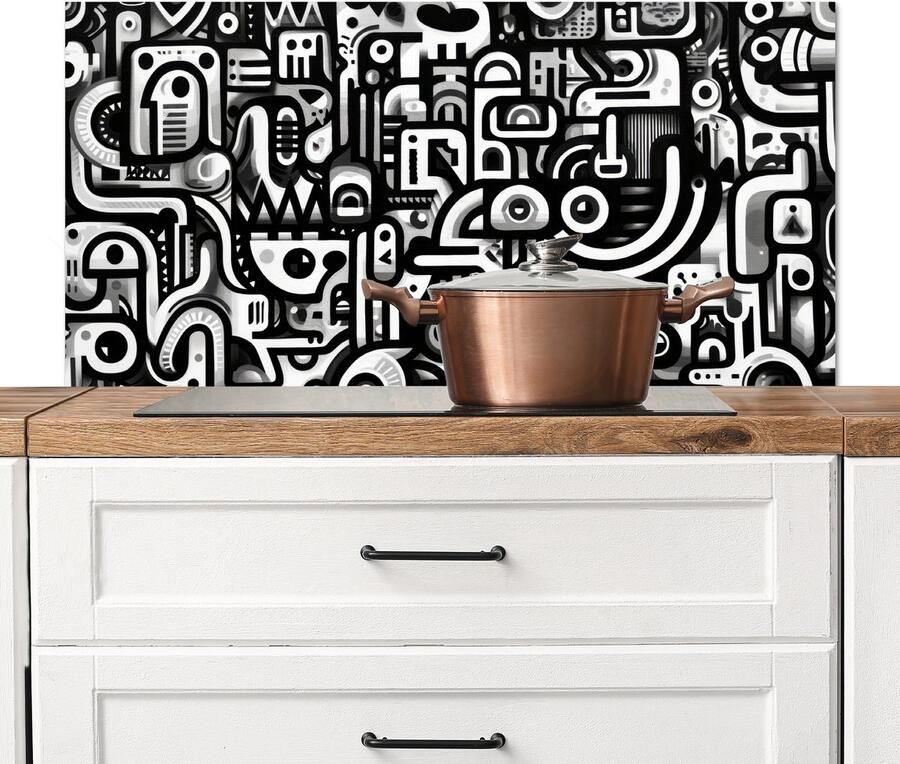 KitchenYeah Spatscherm keuken 100x50 cm Kookplaat achterwand Symbolen Abstract Grafisch Zwart Muurbeschermer Spatwand fornuis Hoogwaardig aluminium