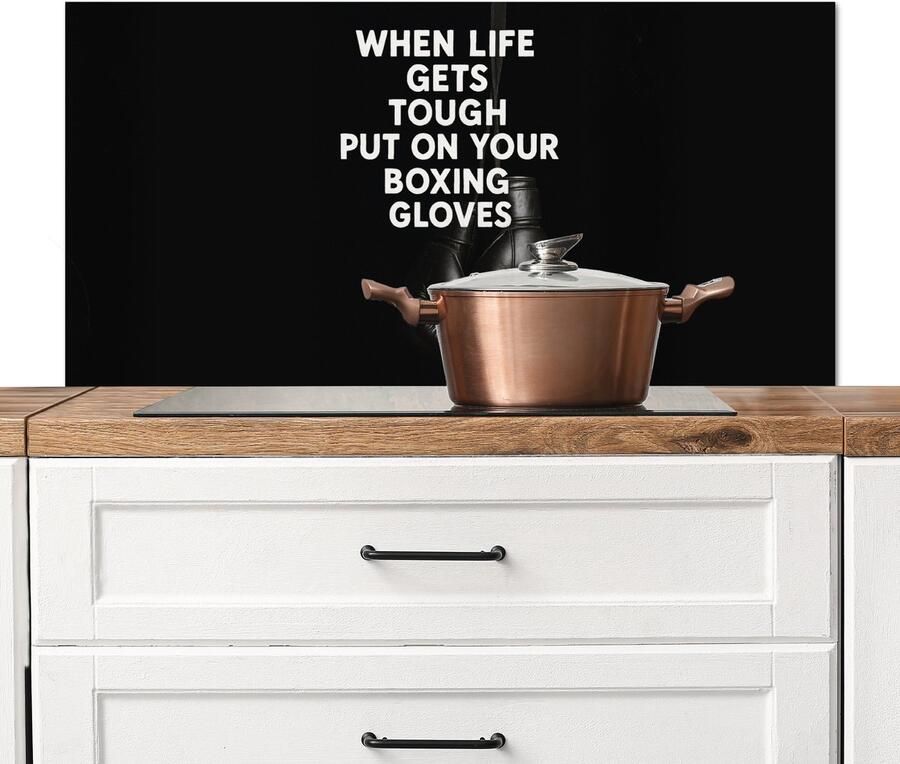 KitchenYeah Spatscherm keuken 100x50 cm Kookplaat achterwand Tekst Bokshandschoenen Wit Muurbeschermer Spatwand fornuis Hoogwaardig aluminium