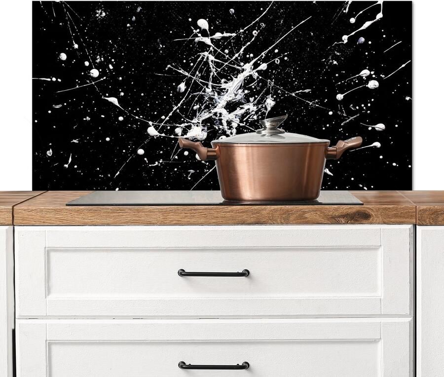 KitchenYeah Spatscherm keuken 100x50 cm Kookplaat achterwand Verfspatten Wit Abstract Explosie Muurbeschermer Spatwand fornuis Hoogwaardig aluminium