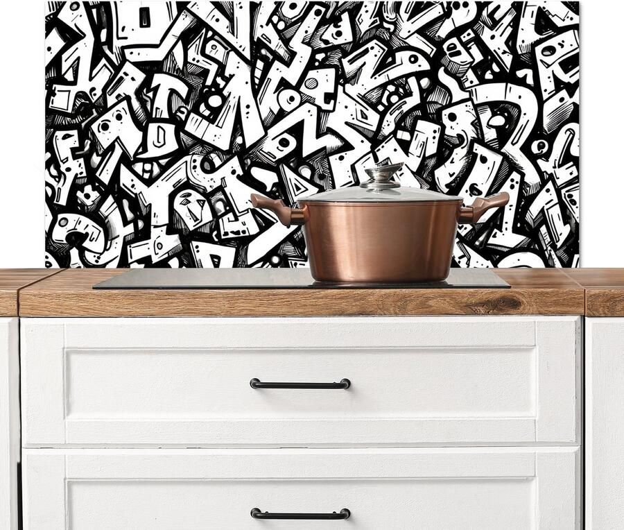 KitchenYeah Spatscherm keuken 100x50 cm Kookplaat achterwand Vormen Letters Graffiti Zwart Muurbeschermer Spatwand fornuis Hoogwaardig aluminium