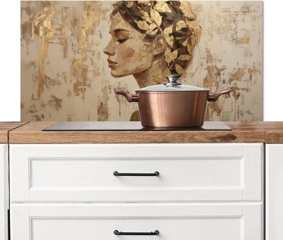 KitchenYeah Spatscherm keuken 100x50 cm Kookplaat achterwand Vrouw Goud Abstract Textuur Muurbeschermer Spatwand fornuis Hoogwaardig aluminium