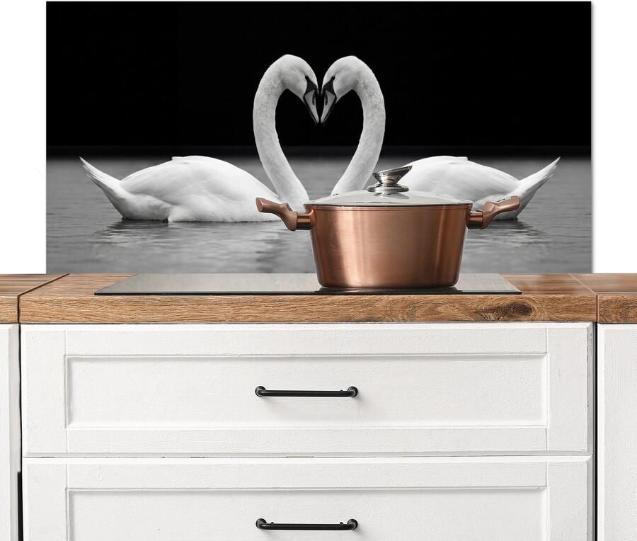 KitchenYeah Spatscherm keuken 100x50 cm Kookplaat achterwand Zwanen Hart Zwart Wit Muurbeschermer Spatwand fornuis Hoogwaardig aluminium