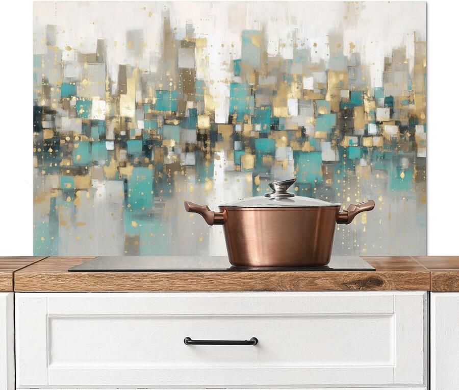 KitchenYeah Spatscherm keuken 100x65 cm Kookplaat achterwand Abstract Blokken Goud Skyline Muurbeschermer Spatwand fornuis Hoogwaardig aluminium