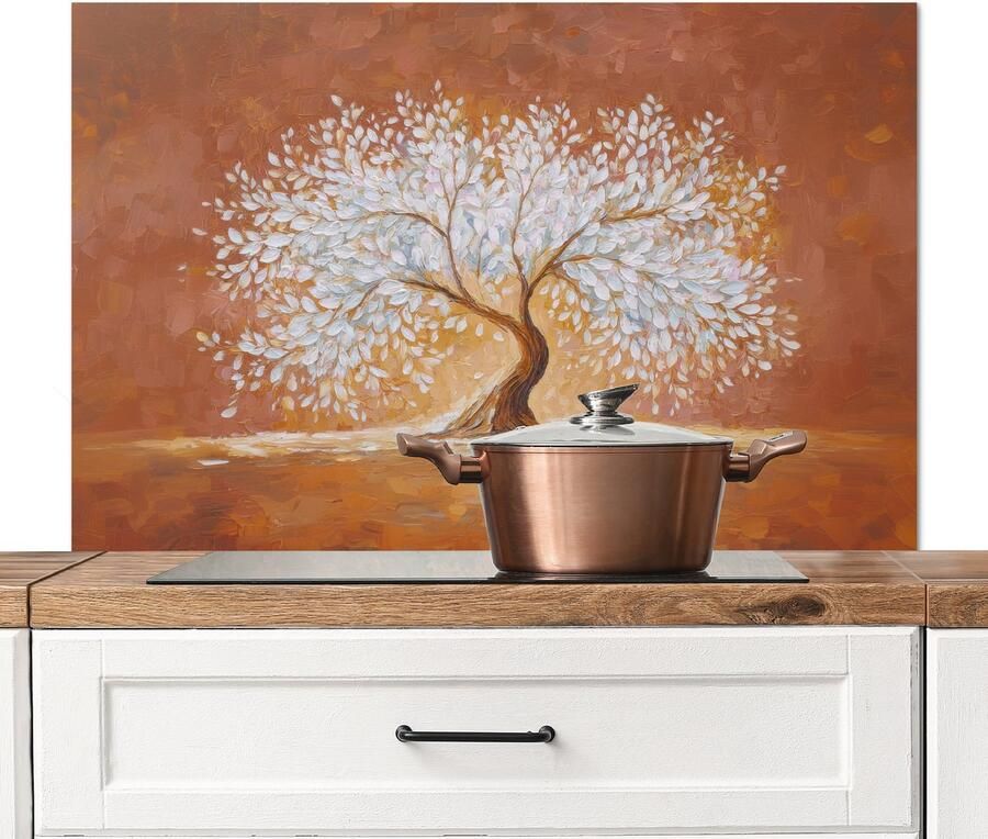 KitchenYeah Spatscherm keuken 100x65 cm Kookplaat achterwand Abstract Boom Wit Bladeren Muurbeschermer Spatwand fornuis Hoogwaardig aluminium