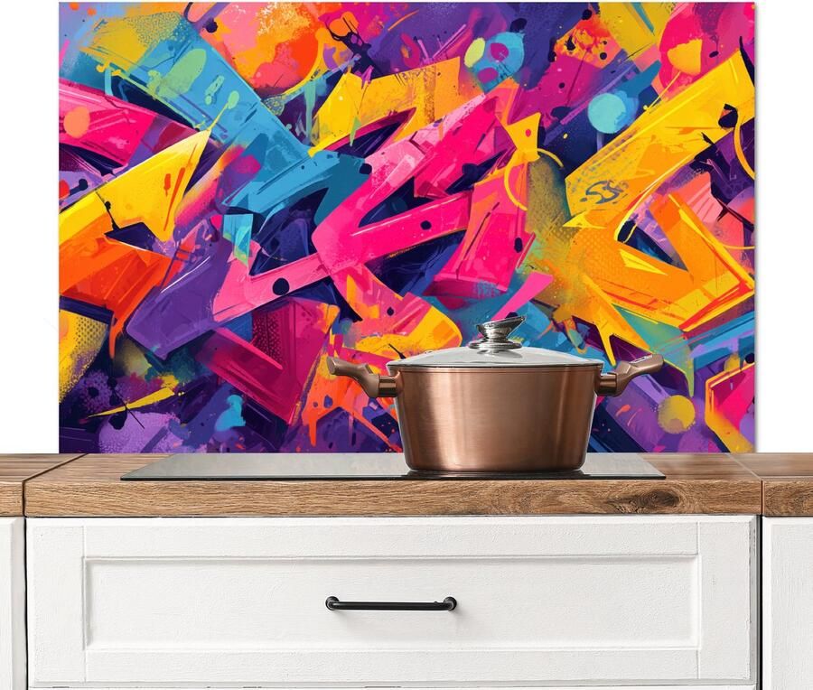 KitchenYeah Spatscherm keuken 100x65 cm Kookplaat achterwand Abstract Vormen Kleurrijk Muurbeschermer Spatwand fornuis Hoogwaardig aluminium